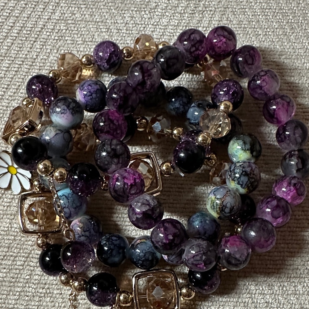 Bracelet Glass Purple and Gold Beaded Bracelet Set Of (4) - Picture 7 of 8